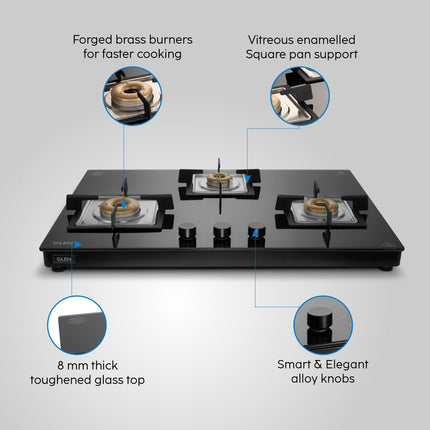 Glen 3 Burner Ultra Slim Auto Ignition Free Standing Hob | 8 MM Toughened Glass | Black | Forged brass burners | Warranty 2 Years Standard | (BH1073USBL75) 