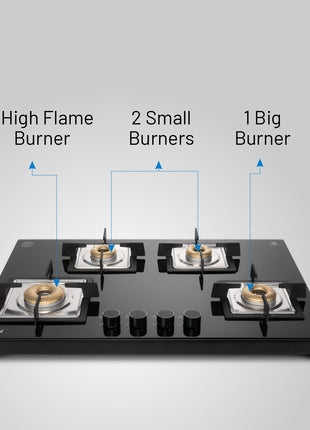 Glen 4 Burner Ultra Slim Auto Ignition Premium Gas Stove | 8 MM Toughened Glass Top | Black | Forged Brass Burners | Warranty 2 Years Standard (BH1074USBL75_1) 