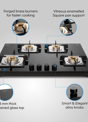 Glen 4 Burner Ultra Slim Auto Ignition Premium Gas Stove | 8 MM Toughened Glass Top | Black | Forged Brass Burners | Warranty 2 Years Standard (BH1074USBL75_1) 