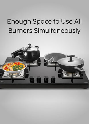 Glen 4 Burner Ultra Slim Auto Ignition Premium Gas Stove | 8 MM Toughened Glass Top | Black | Forged Brass Burners | Warranty 2 Years Standard (BH1074USBL75_1) 
