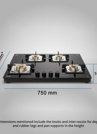 Glen 4 Burner Ultra Slim Auto Ignition Premium Gas Stove | 8 MM Toughened Glass Top | Black | Forged Brass Burners | Warranty 2 Years Standard (BH1074USBL75_1) 