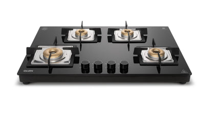 Glen 4 Burner Ultra Slim Auto Ignition Premium Gas Stove | 8 MM Toughened Glass Top | Black | Forged Brass Burners | Warranty 2 Years Standard (BH1074USBL75_1) 
