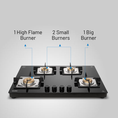 Glen 4 Burner Ultra Slim Auto Ignition Premium Gas Stove | 8 MM Toughened Glass Top | Black | Forged Brass Burners | Warranty 2 Years Standard (BH1074USBL75_1) 