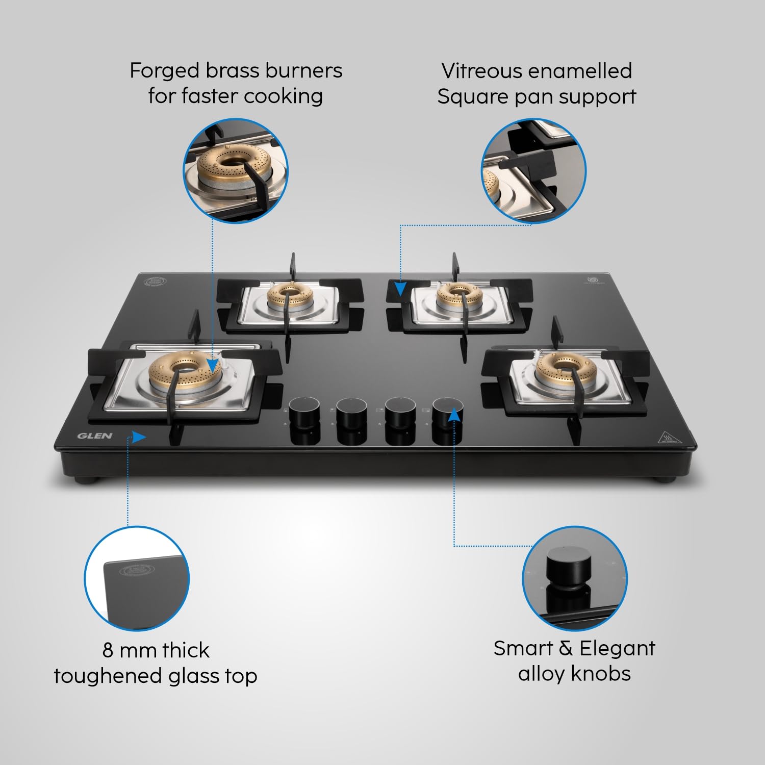 Glen 4 Burner Ultra Slim Auto Ignition Premium Gas Stove | 8 MM Toughened Glass Top | Black | Forged Brass Burners | Warranty 2 Years Standard (BH1074USBL75_1) 