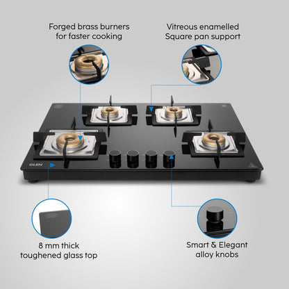 Glen 4 Burner Ultra Slim Auto Ignition Premium Gas Stove | 8 MM Toughened Glass Top | Black | Forged Brass Burners | Warranty 2 Years Standard (BH1074USBL75_1) 