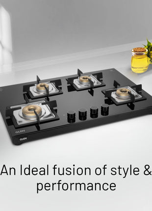 Glen 4 Burner Ultra Slim Free Standing Hob | 8 MM Toughened Glass Top | Black | Forged Brass Burners | Warranty 2 Years Standard | BH1074USBL75 