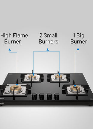 Glen 4 Burner Ultra Slim Free Standing Hob | 8 MM Toughened Glass Top | Black | Forged Brass Burners | Warranty 2 Years Standard | BH1074USBL75 