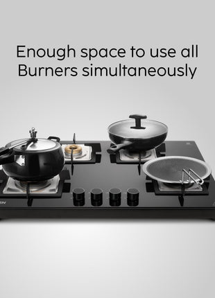 Glen 4 Burner Ultra Slim Free Standing Hob | 8 MM Toughened Glass Top | Black | Forged Brass Burners | Warranty 2 Years Standard | BH1074USBL75 