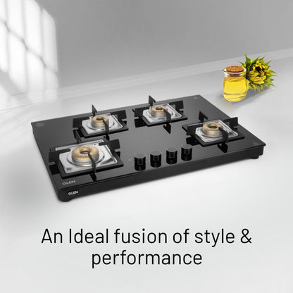 Glen 4 Burner Ultra Slim Free Standing Hob | 8 MM Toughened Glass Top | Black | Forged Brass Burners | Warranty 2 Years Standard | BH1074USBL75 