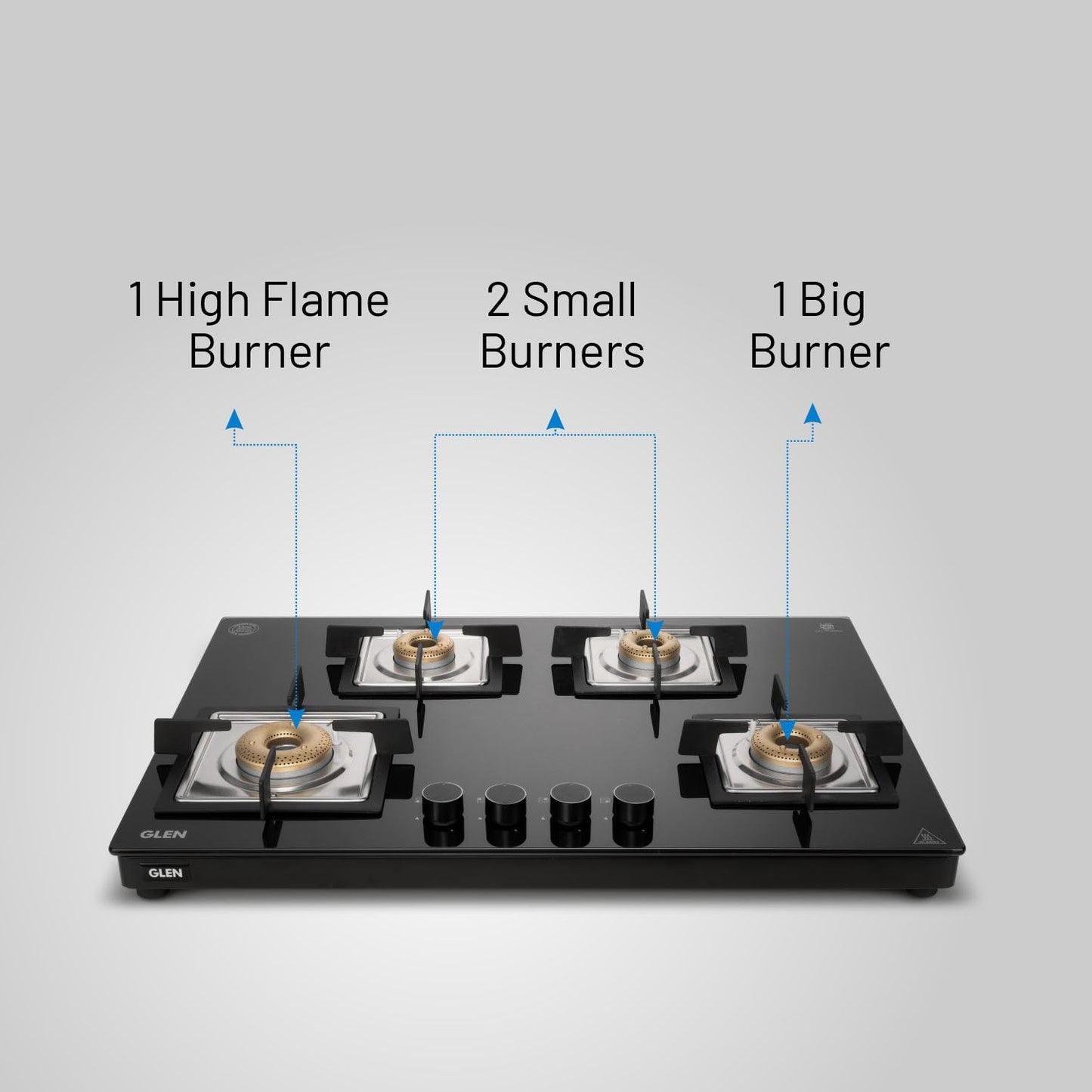 Glen 4 Burner Ultra Slim Free Standing Hob | 8 MM Toughened Glass Top | Black | Forged Brass Burners | Warranty 2 Years Standard | BH1074USBL75 