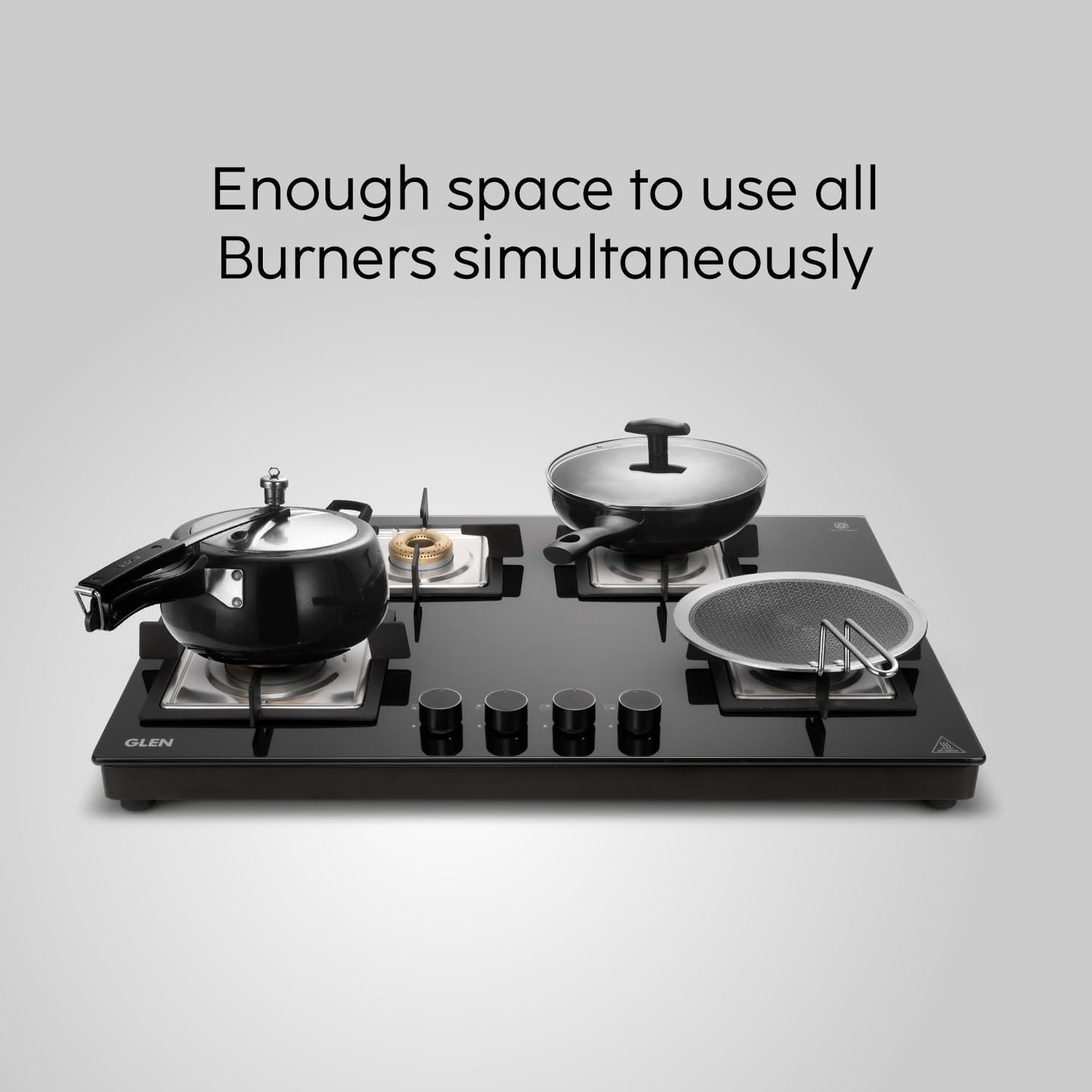 Glen 4 Burner Ultra Slim Free Standing Hob | 8 MM Toughened Glass Top | Black | Forged Brass Burners | Warranty 2 Years Standard | BH1074USBL75 