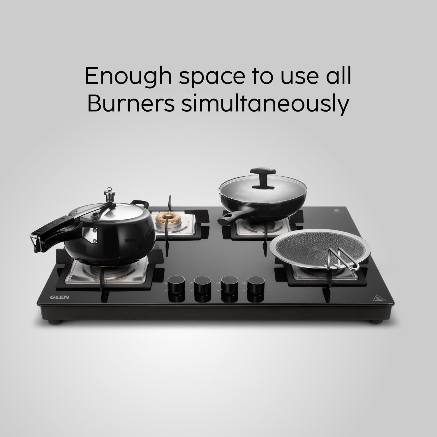 Glen 4 Burner Ultra Slim Free Standing Hob | 8 MM Toughened Glass Top | Black | Forged Brass Burners | Warranty 2 Years Standard | BH1074USBL75 