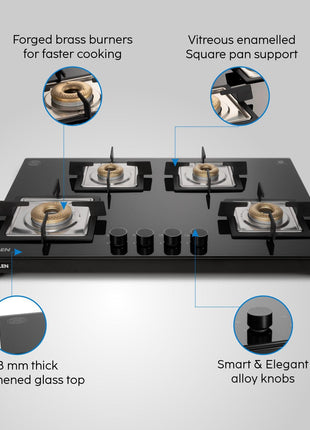 Glen 4 Burner Ultra Slim Free Standing Hob | 8 MM Toughened Glass Top | Black | Forged Brass Burners | Warranty 2 Years Standard | BH1074USBL75 