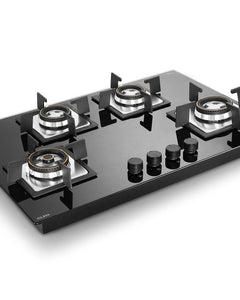 Glen Built-in Hob 4 Burner Gas Stove | Black Toughened Glass Top | Auto Ignition | Forged Brass Burners | Mini Triple Ring & Double Ring | 2-Year Warranty 