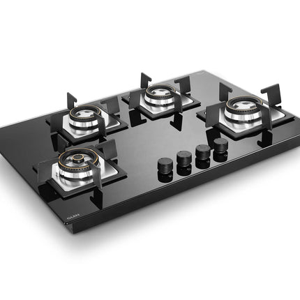 Glen Built-in Hob 4 Burner Gas Stove | Black Toughened Glass Top | Auto Ignition | Forged Brass Burners | Mini Triple Ring & Double Ring | 2-Year Warranty 