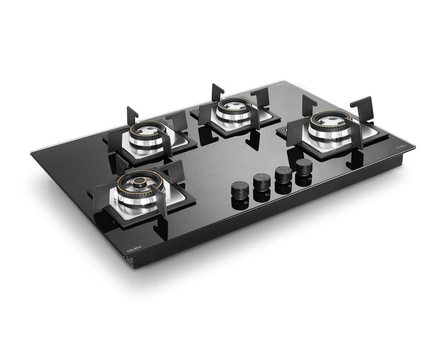 Glen Built-in Hob 4 Burner Gas Stove | Black Toughened Glass Top | Auto Ignition | Forged Brass Burners | Mini Triple Ring & Double Ring | 2-Year Warranty 
