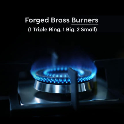 Glen Built-in Hob 4 Burner Gas Stove | Black Toughened Glass Top | Auto Ignition | Forged Brass Burners | Mini Triple Ring & Double Ring | 2-Year Warranty 