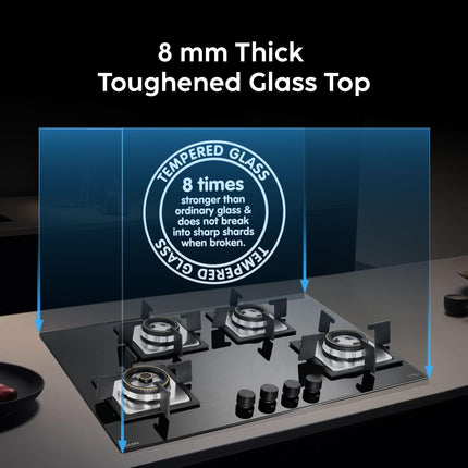 Glen Built-in Hob 4 Burner Gas Stove | Black Toughened Glass Top | Auto Ignition | Forged Brass Burners | Mini Triple Ring & Double Ring | 2-Year Warranty 