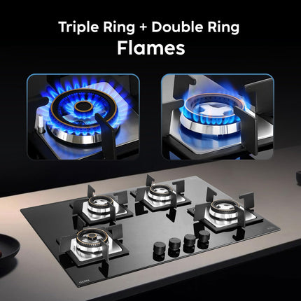 Glen Built-in Hob 4 Burner Gas Stove | Black Toughened Glass Top | Auto Ignition | Forged Brass Burners | Mini Triple Ring & Double Ring | 2-Year Warranty 