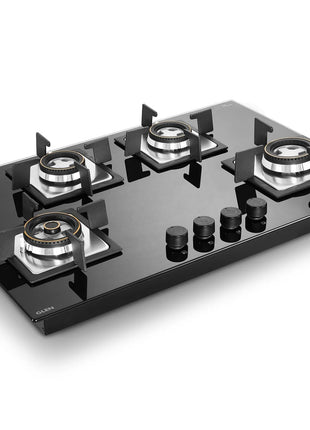 Glen Built-in Hob 4 Burner Gas Stove | Black Toughened Glass Top | Auto Ignition | Forged Brass Burners | Mini Triple Ring & Double Ring | 2-Year Warranty 