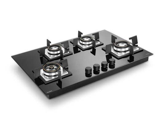 Glen Built-in Hob 4 Burner Gas Stove | Black Toughened Glass Top | Auto Ignition | Forged Brass Burners | Mini Triple Ring & Double Ring | 2-Year Warranty 