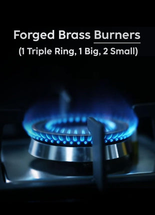 Glen Built-in Hob 4 Burner Gas Stove | Black Toughened Glass Top | Auto Ignition | Forged Brass Burners | Mini Triple Ring & Double Ring | 2-Year Warranty 