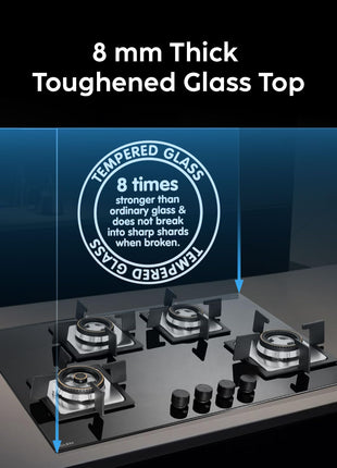 Glen Built-in Hob 4 Burner Gas Stove | Black Toughened Glass Top | Auto Ignition | Forged Brass Burners | Mini Triple Ring & Double Ring | 2-Year Warranty 