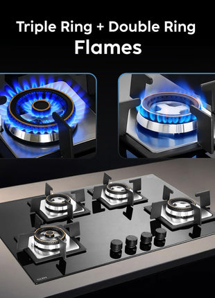 Glen Built-in Hob 4 Burner Gas Stove | Black Toughened Glass Top | Auto Ignition | Forged Brass Burners | Mini Triple Ring & Double Ring | 2-Year Warranty 
