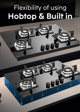 Glen Built-in Hob 4 Burner Gas Stove | Black Toughened Glass Top | Auto Ignition | Forged Brass Burners | Mini Triple Ring & Double Ring | 2-Year Warranty 