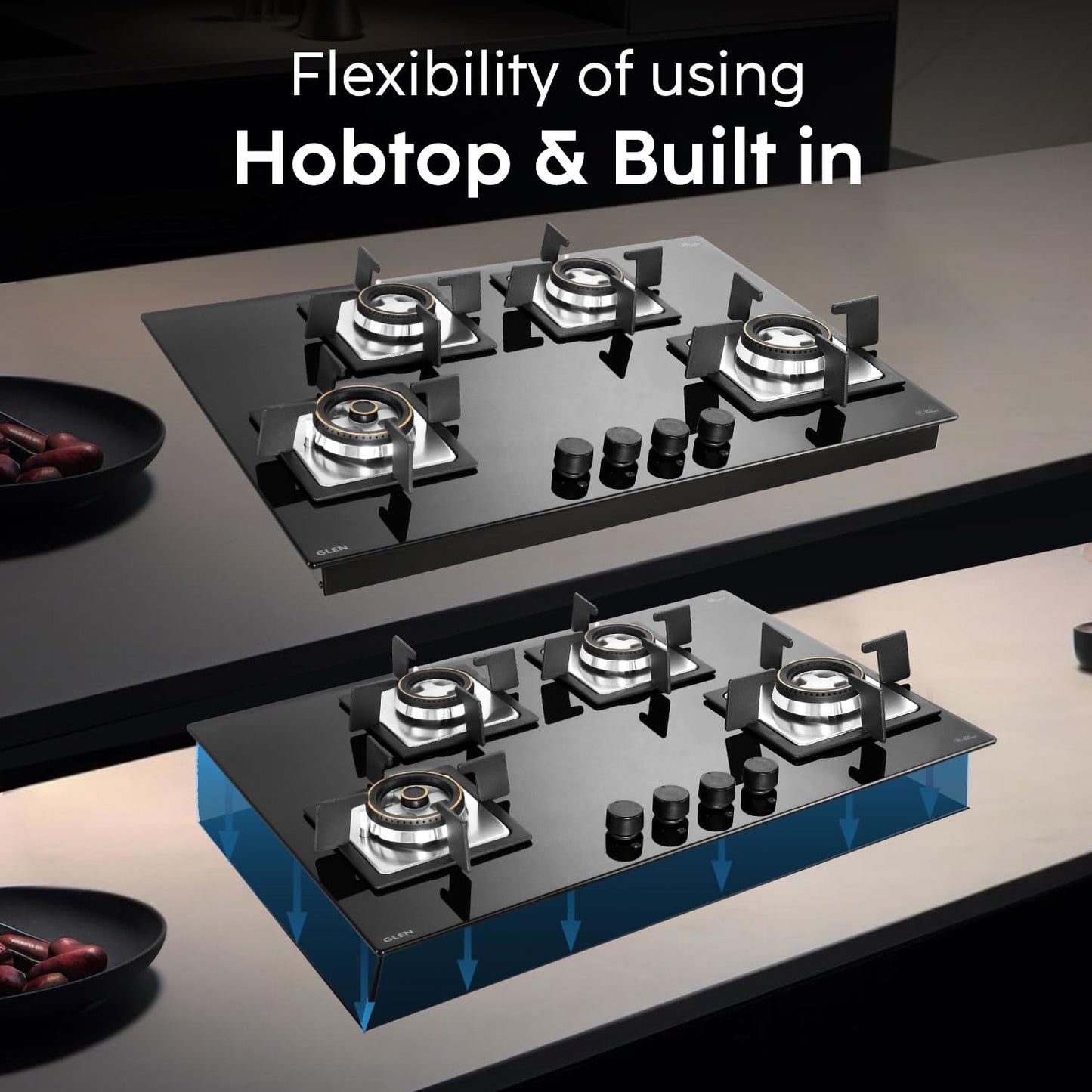 Glen Built-in Hob 4 Burner Gas Stove | Black Toughened Glass Top | Auto Ignition | Forged Brass Burners | Mini Triple Ring & Double Ring | 2-Year Warranty 