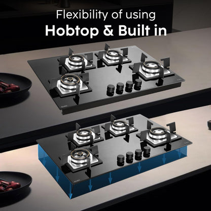Glen Built-in Hob 4 Burner Gas Stove | Black Toughened Glass Top | Auto Ignition | Forged Brass Burners | Mini Triple Ring & Double Ring | 2-Year Warranty 