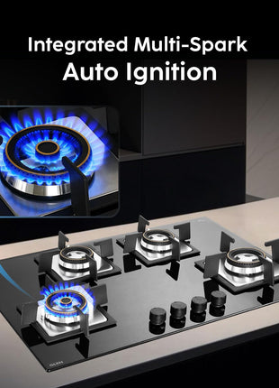 Glen Built-in Hob 4 Burner Gas Stove | Black Toughened Glass Top | Auto Ignition | Forged Brass Burners | Mini Triple Ring & Double Ring | 2-Year Warranty 