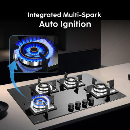 Glen Built-in Hob 4 Burner Gas Stove | Black Toughened Glass Top | Auto Ignition | Forged Brass Burners | Mini Triple Ring & Double Ring | 2-Year Warranty 