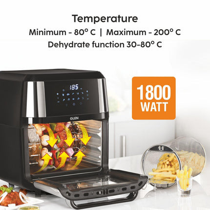 Glen Digital Air Fryer Oven for Home, 1800W, 10 Preset Menu Rotisserie, Electric Air Fryer Toaster Oven, Digital Display, Bake Roast Toast Defrost 12 Litre Digital Controls, Black (SA-3046DSS) 