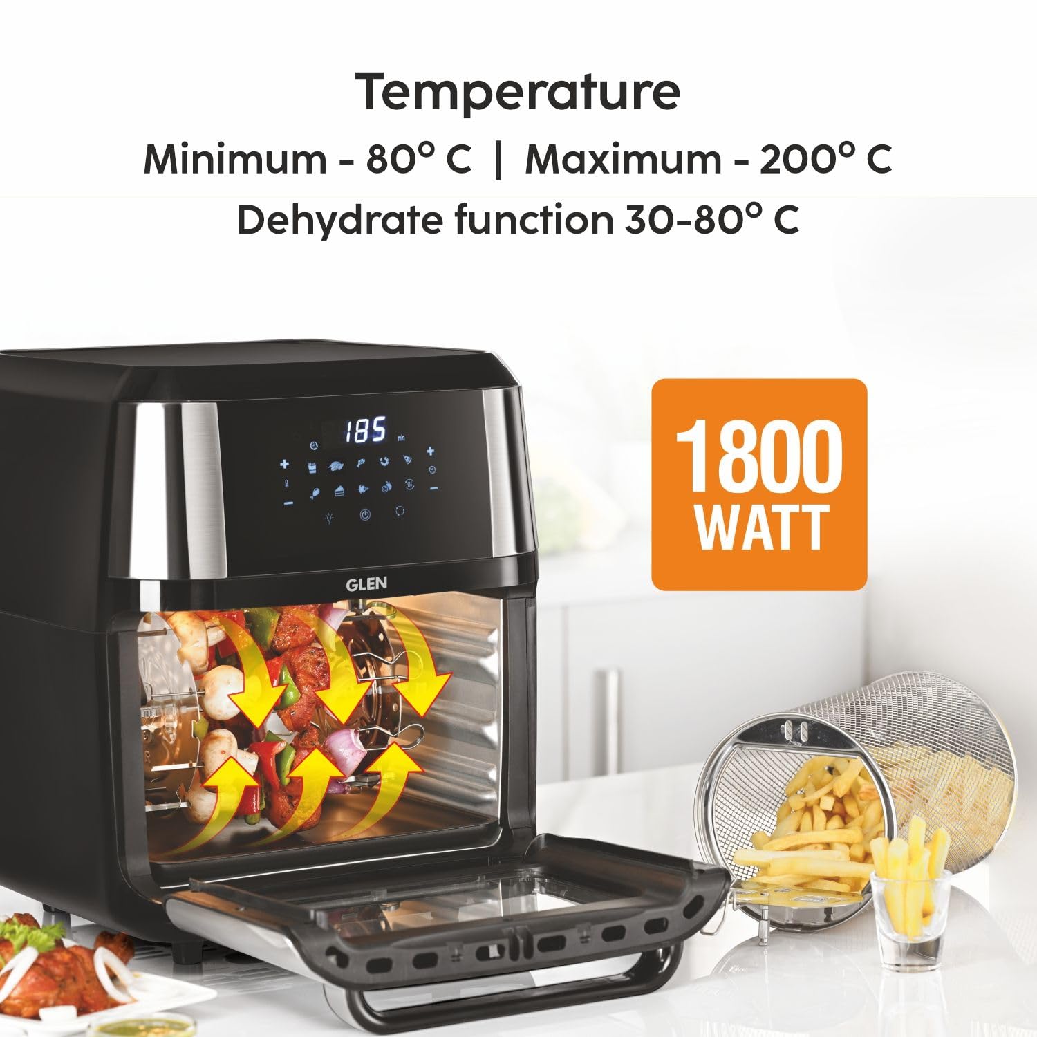 Glen Digital Air Fryer Oven for Home, 1800W, 10 Preset Menu Rotisserie, Electric Air Fryer Toaster Oven, Digital Display, Bake Roast Toast Defrost 12 Litre Digital Controls, Black (SA-3046DSS) 