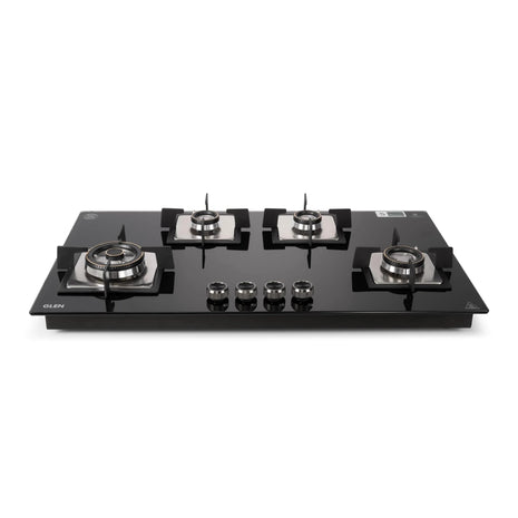 Glen Hob 4 Burner Gas Stove Auto Ignition Built In Hob | 8 MM Toughened Glass Black | Forged brass burners with double-ring Flames | Gas Stove Warranty 2 Years Standard & 5 Years Glass 1094XLSQHTDBTR 