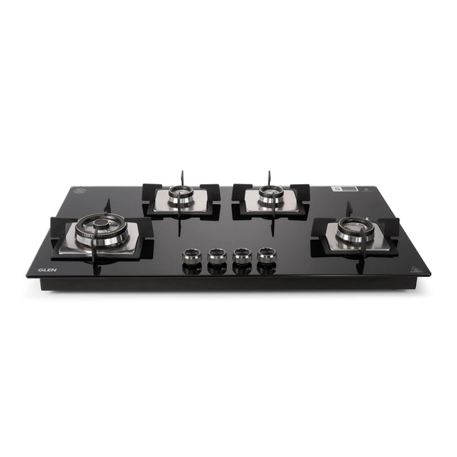 Glen Hob 4 Burner Gas Stove Auto Ignition Built In Hob | 8 MM Toughened Glass Black | Forged brass burners with double-ring Flames | Gas Stove Warranty 2 Years Standard & 5 Years Glass 1094XLSQHTDBTR 