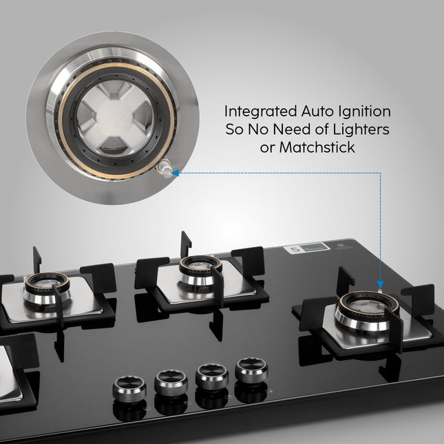Glen Hob 4 Burner Gas Stove Auto Ignition Built In Hob | 8 MM Toughened Glass Black | Forged brass burners with double-ring Flames | Gas Stove Warranty 2 Years Standard & 5 Years Glass 1094XLSQHTDBTR 