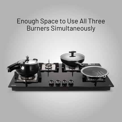 Glen Hob 4 Burner Gas Stove Auto Ignition Built In Hob | 8 MM Toughened Glass Black | Forged brass burners with double-ring Flames | Gas Stove Warranty 2 Years Standard & 5 Years Glass 1094XLSQHTDBTR 