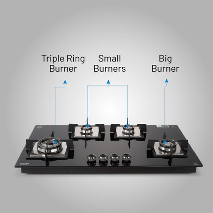 Glen Hob 4 Burner Gas Stove Auto Ignition Built In Hob | 8 MM Toughened Glass Black | Forged brass burners with double-ring Flames | Gas Stove Warranty 2 Years Standard & 5 Years Glass 1094XLSQHTDBTR 