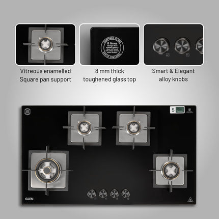 Glen Hob 4 Burner Gas Stove Auto Ignition Built In Hob | 8 MM Toughened Glass Black | Forged brass burners with double-ring Flames | Gas Stove Warranty 2 Years Standard & 5 Years Glass 1094XLSQHTDBTR 
