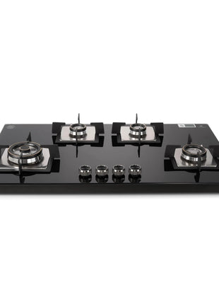Glen Hob 4 Burner Gas Stove Auto Ignition Built In Hob | 8 MM Toughened Glass Black | Forged brass burners with double-ring Flames | Gas Stove Warranty 2 Years Standard & 5 Years Glass 1094XLSQHTDBTR 