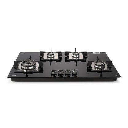 Glen Hob 4 Burner Gas Stove Auto Ignition Built In Hob | 8 MM Toughened Glass Black | Forged brass burners with double-ring Flames | Gas Stove Warranty 2 Years Standard & 5 Years Glass 1094XLSQHTDBTR 