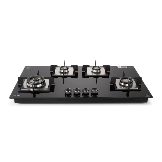 Glen Hob 4 Burner Gas Stove Auto Ignition Built In Hob | 8 MM Toughened Glass Black | Forged brass burners with double-ring Flames | Gas Stove Warranty 2 Years Standard & 5 Years Glass 1094XLSQHTDBTR 