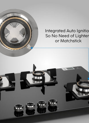 Glen Hob 4 Burner Gas Stove Auto Ignition Built In Hob | 8 MM Toughened Glass Black | Forged brass burners with double-ring Flames | Gas Stove Warranty 2 Years Standard & 5 Years Glass 1094XLSQHTDBTR 