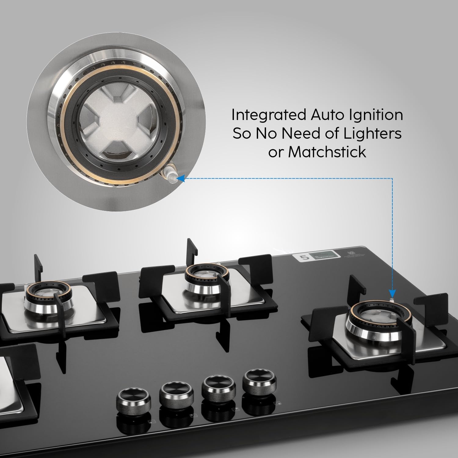 Glen Hob 4 Burner Gas Stove Auto Ignition Built In Hob | 8 MM Toughened Glass Black | Forged brass burners with double-ring Flames | Gas Stove Warranty 2 Years Standard & 5 Years Glass 1094XLSQHTDBTR 