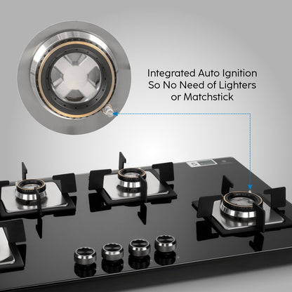 Glen Hob 4 Burner Gas Stove Auto Ignition Built In Hob | 8 MM Toughened Glass Black | Forged brass burners with double-ring Flames | Gas Stove Warranty 2 Years Standard & 5 Years Glass 1094XLSQHTDBTR 