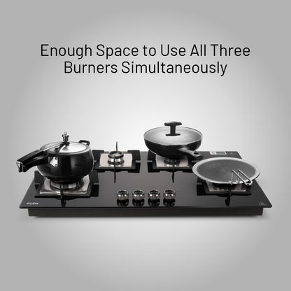 Glen Hob 4 Burner Gas Stove Auto Ignition Built In Hob | 8 MM Toughened Glass Black | Forged brass burners with double-ring Flames | Gas Stove Warranty 2 Years Standard & 5 Years Glass 1094XLSQHTDBTR 
