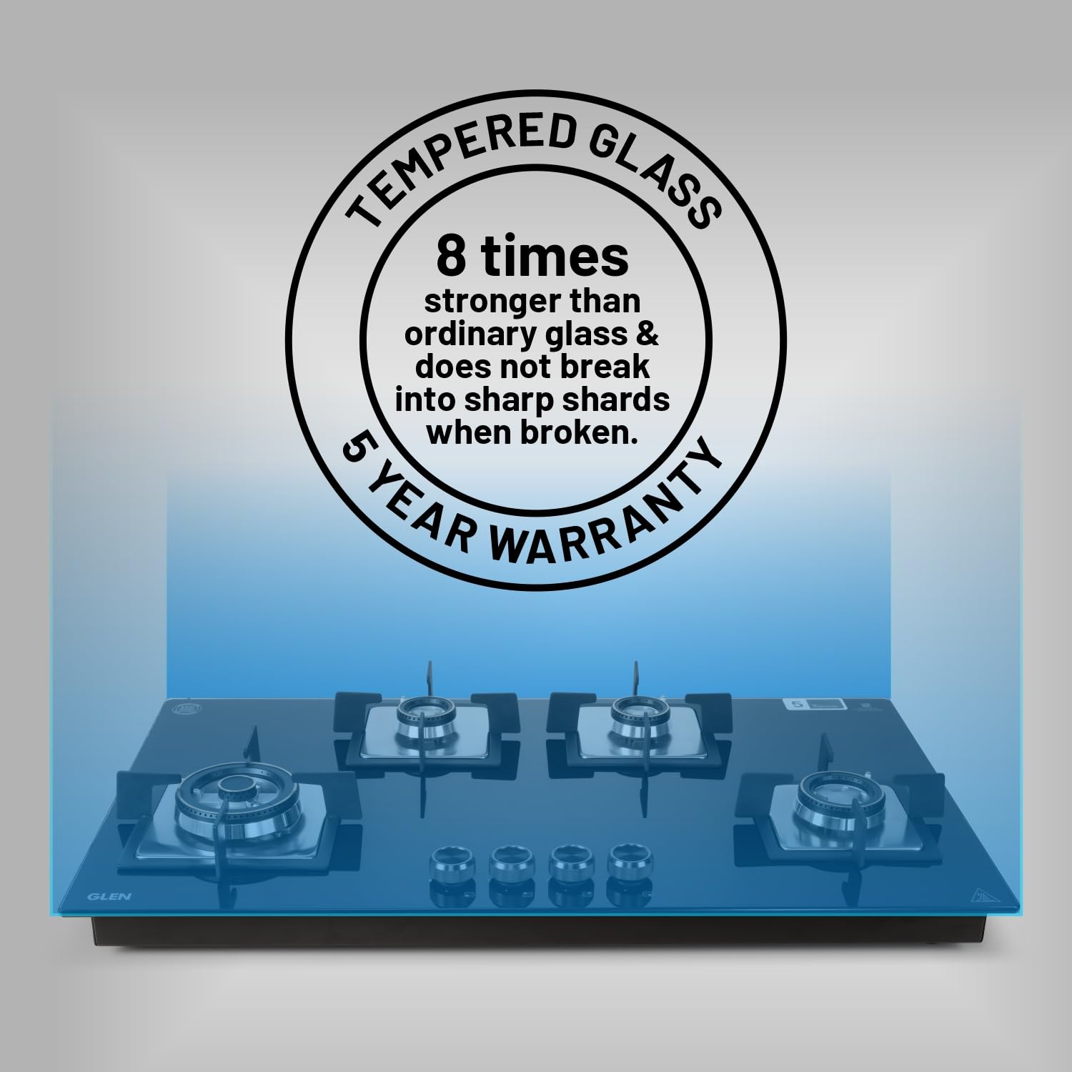 Glen Hob 4 Burner Gas Stove Auto Ignition Built In Hob | 8 MM Toughened Glass Black | Forged brass burners with double-ring Flames | Gas Stove Warranty 2 Years Standard & 5 Years Glass 1094XLSQHTDBTR 