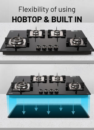 Glen Hob 4 Burner Gas Stove Auto Ignition Built In Hob | 8 MM Toughened Glass Black | Forged brass burners with double-ring Flames | Gas Stove Warranty 2 Years Standard & 5 Years Glass 1094XLSQHTDBTR 